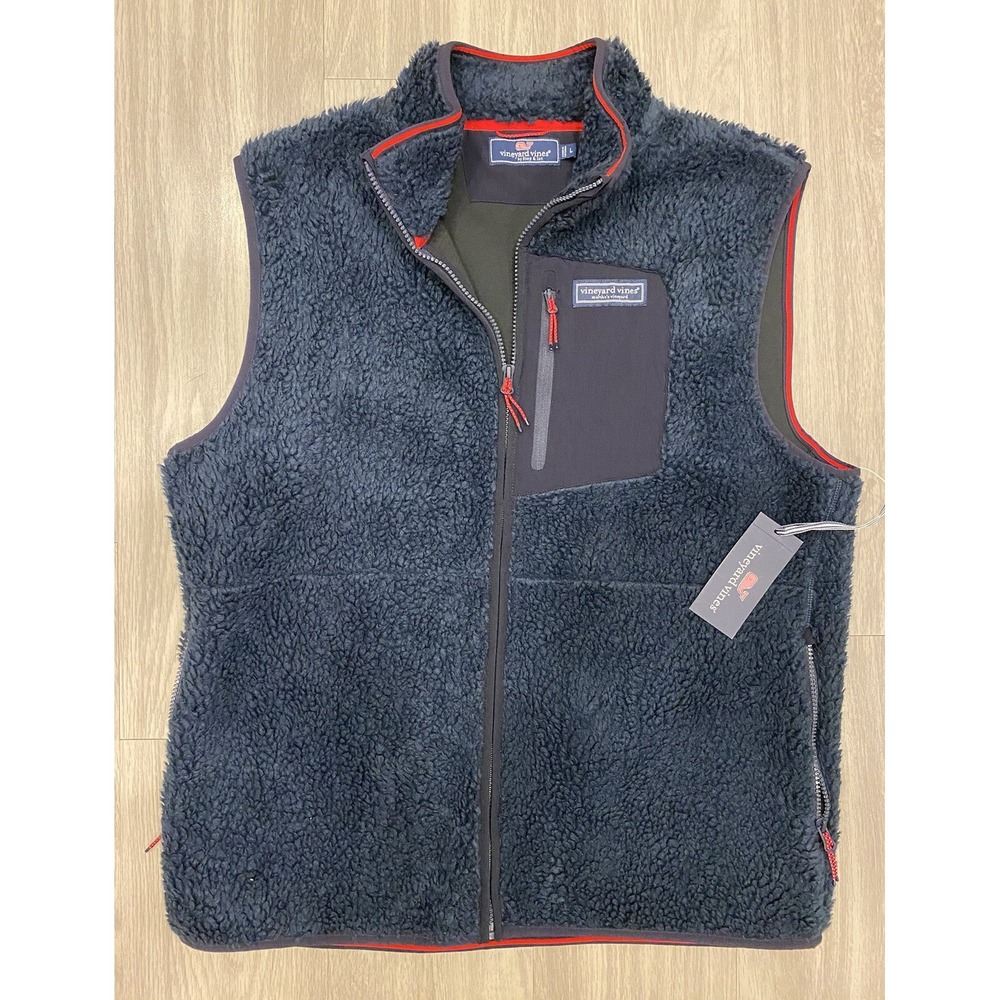 New Vineyard Vines Sherpa Vest Navy Whale Logo Full Zip Pockets Large L NWT $138
